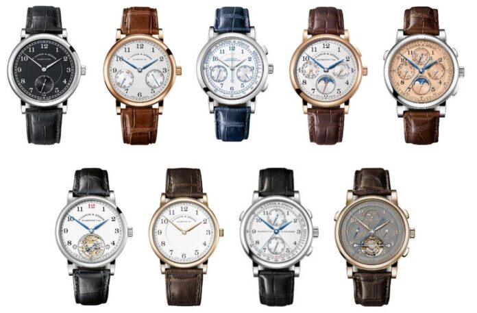 Esta imagem mostra toda a família de relógios 1815, destacando vários modelos que incorporam a rica artesania de A. Lange & Söhne.