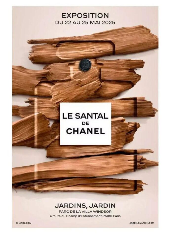Imagem da exposição da Chanel no Jardim de Paris, com foco na apresentação do santal.